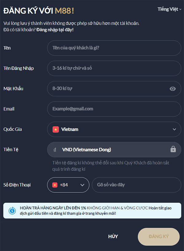 Đăng ký tài khoản M88
